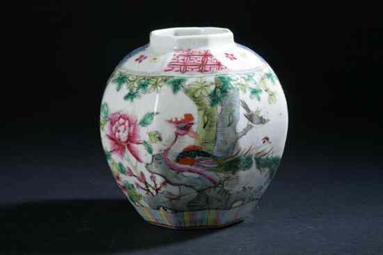 Appraisal: CHINESE FAMILLE ROSE PORCELAIN OCTAGONAL VASE Daoguang Period Painted to