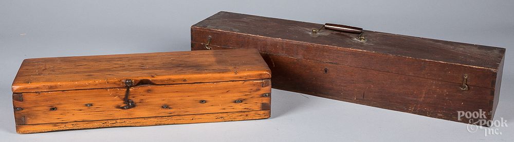 Appraisal: Two pine and mahogany document boxes th c Two pine