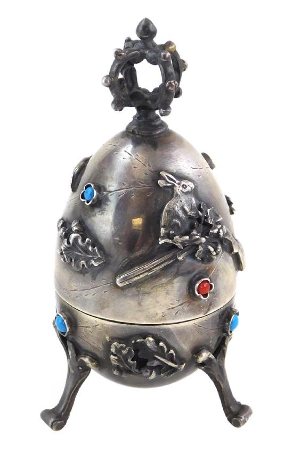 Appraisal: RUSSIAN SILVER Imperial Russian silver hunting egg opens to reveal