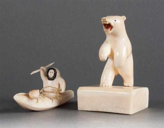 Appraisal: Inuit carved and ink-highlighted walrus ivory polar bear and similar