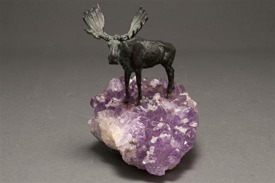 Appraisal: Patinated metal moose figure on amethyst quartz base in total