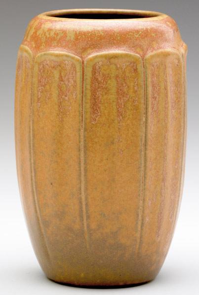 Appraisal: CALIFORNIA FAIENCE Gourd-shaped porcelain vase covered in mustard and orange