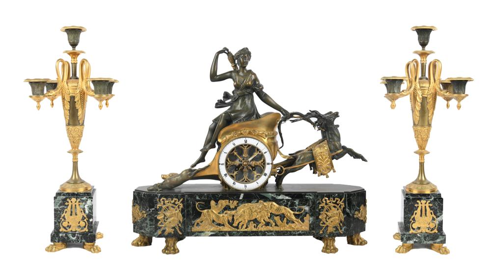 Appraisal: THREE-PIECE FIGURAL CLOCK GARNITURE SETpatinated bronze and marble comprising a