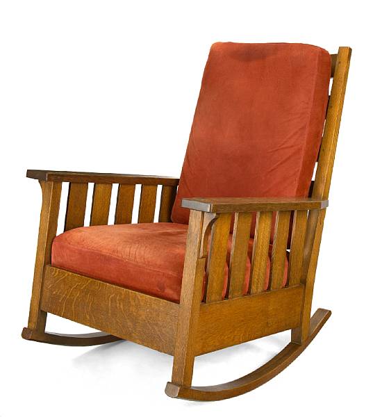 Appraisal: A Gustav Stickley oak rocking chair model early th century