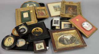 Appraisal: Group of sixteen framed pieces including miniature portraits etchings clay