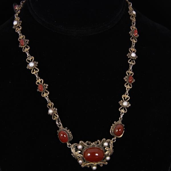 Appraisal: Austro Hungarian Sterling Gilt Necklace with carnelian cabochons and pearl