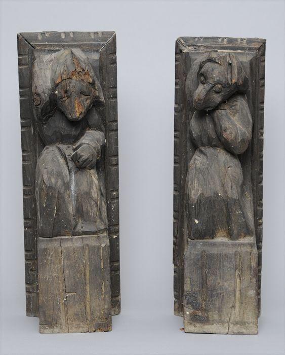 Appraisal: PAIR OF CARVED WOOD BRACKETS WITH GARGOYLE FIGURES x x