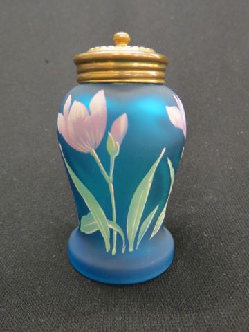 Appraisal: victorian Enameled Art Glass Talc Bottle floral on blue satin