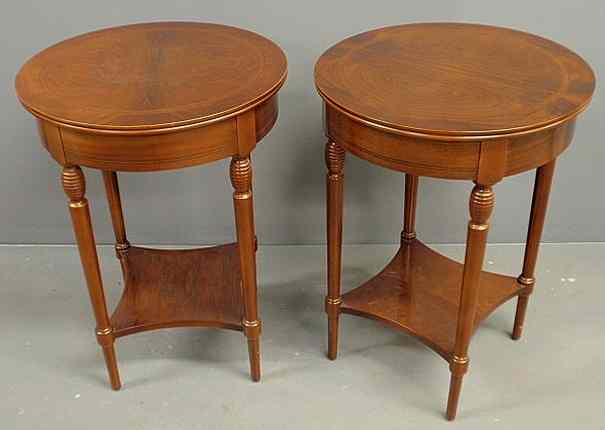 Appraisal: Pair of Sheraton style inlaid fruitwood side tables with round