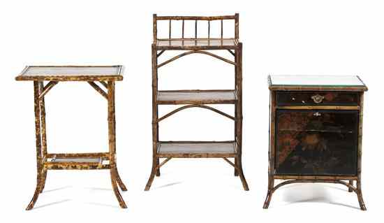 Appraisal: Three Bamboo Articles comprising a side table with a tooled