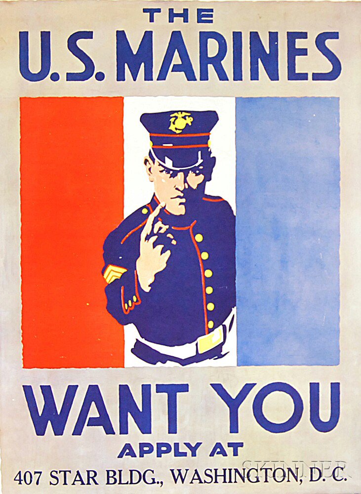 Appraisal: The U S Marines Want You U S WWI Lithograph