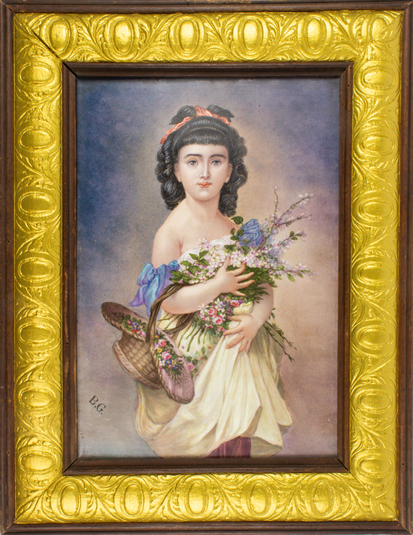 Appraisal: PAINTED PORCELAIN PLAQUE OF A YOUNG GIRL WITH BASKET OF