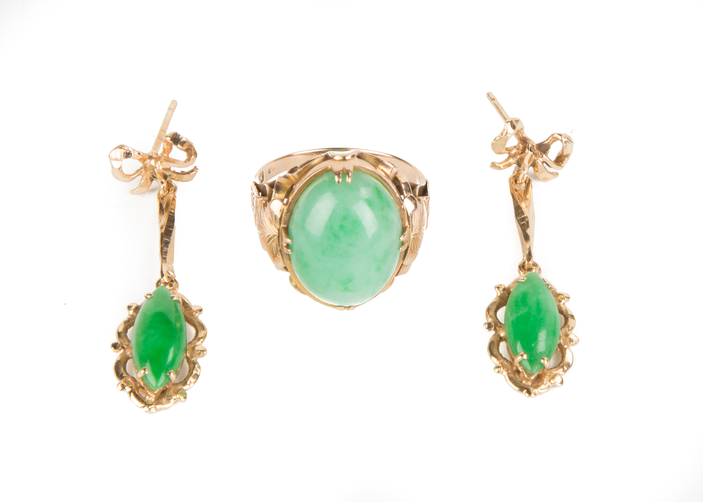 Appraisal: K Gold and Jade Ring and Earrings Earrings dwt Ring