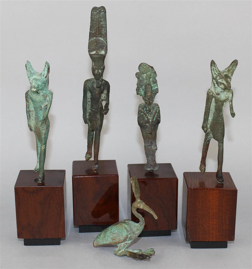 Appraisal: FIVE SMALL METAL FIGURES OF EGYPTIAN GODS all on wood