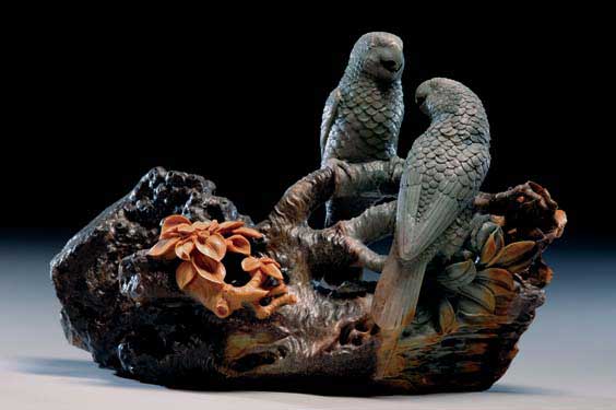 Appraisal: FINELY CARVED SEALSTONE PARROTS Very finely and highly realistically carved