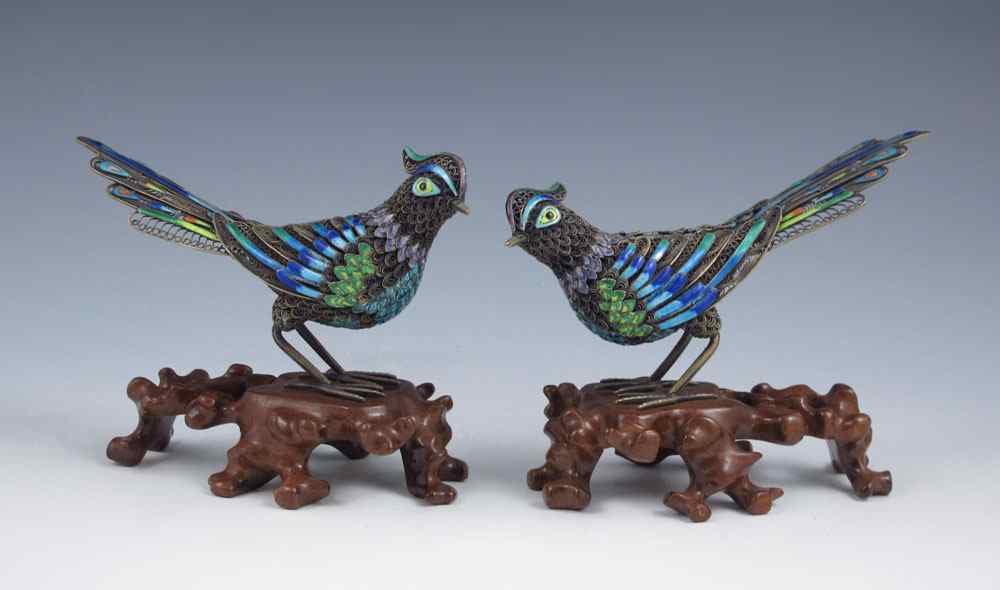 Appraisal: PAIR OF ENAMELED STERLING BIRDS OF PARADISE Pair with enamel