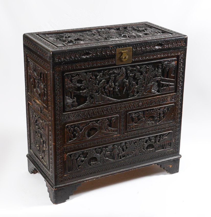 Appraisal: PROFUSELY CARVED CHINESE CHEST Carved all over with panels of