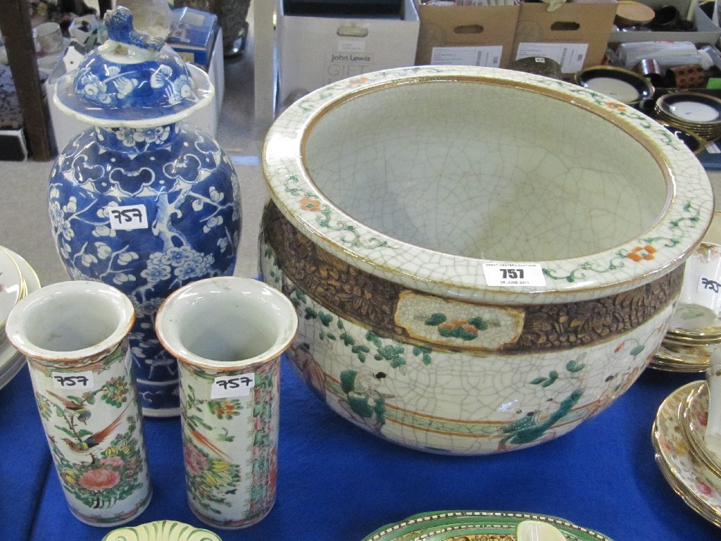 Appraisal: Lot comprising Chinese blue and white jar crackle ware jardiniere