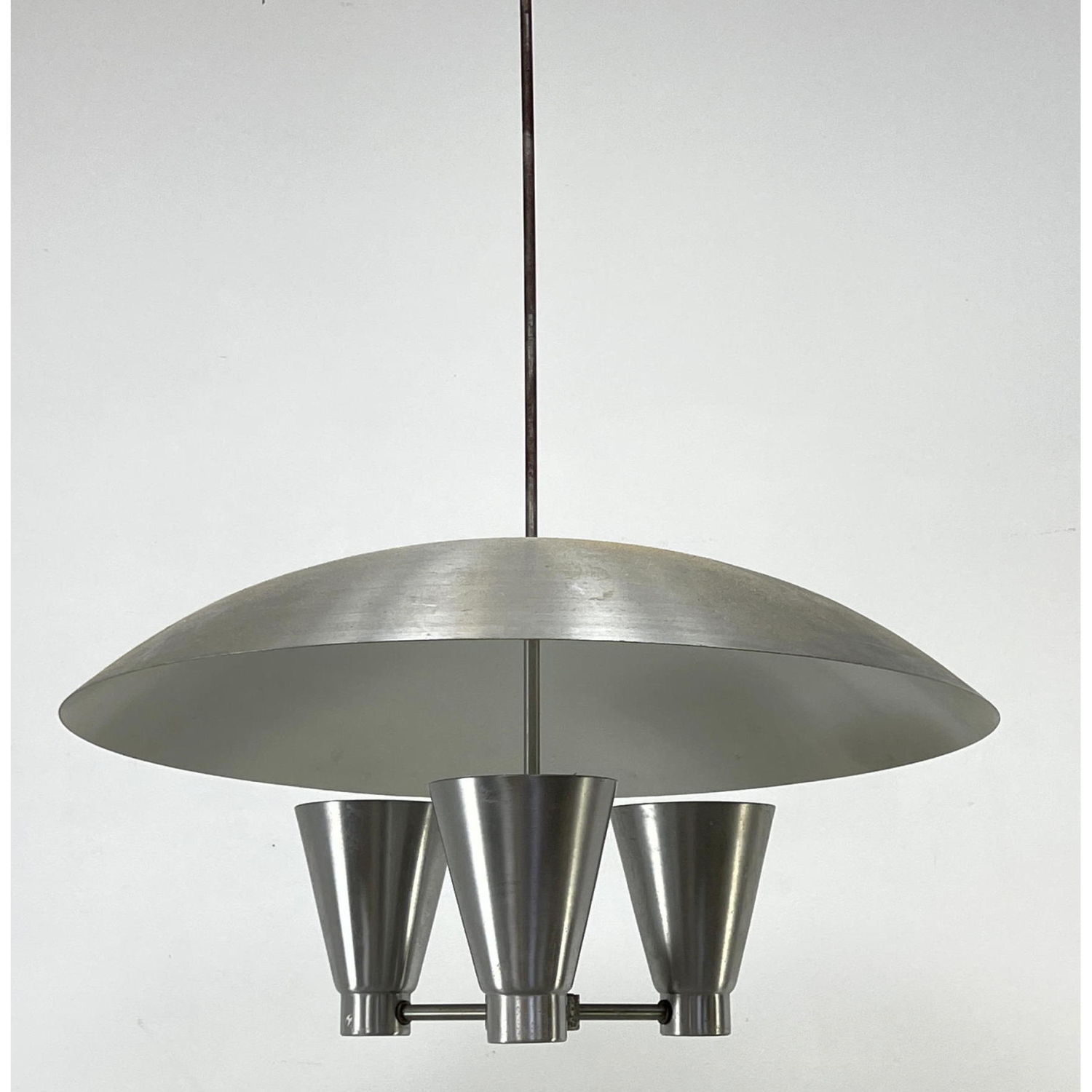 Appraisal: Stainless Steel Saucer Shade Chandelier Three Cone Shaped Shades below