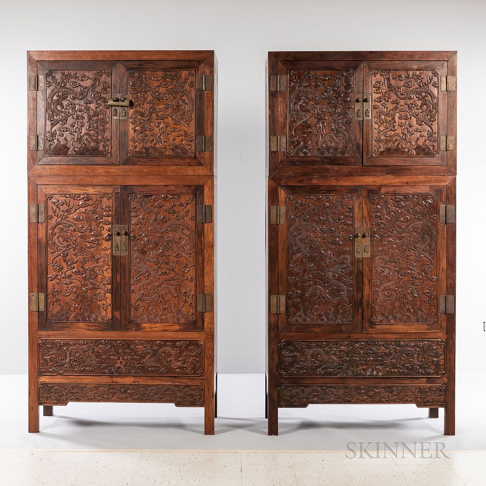 Appraisal: Pair of Hardwood Compound Cabinets Sijiangui Pair of Hardwood Compound