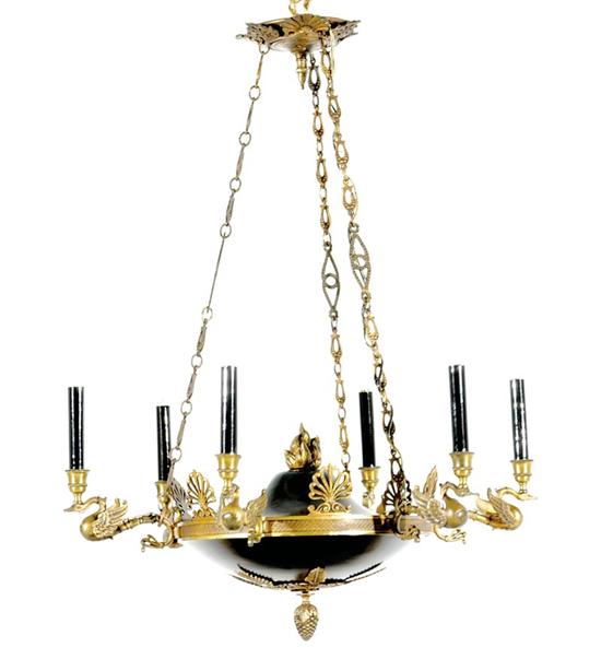 Appraisal: Empire style black lacquer and brass six-light chandelier circa tiered