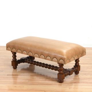 Appraisal: Decorator brass studded leather upholstered bench Decorator brass studded leather