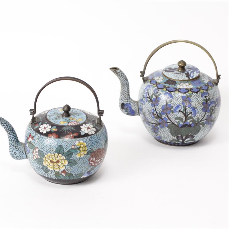 Appraisal: Two Chinese Polychrome Floral Cloisonne Teapots H x W