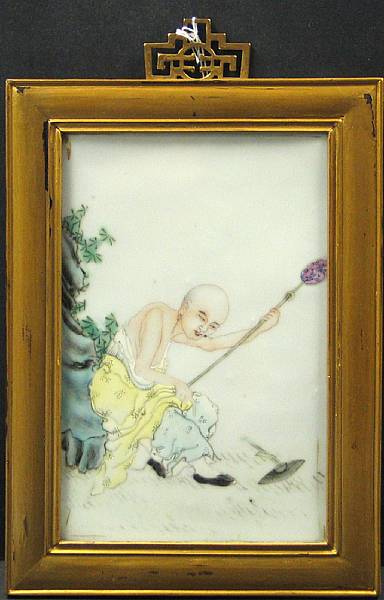 Appraisal: A small famille rose porcelain figural plaque Depicting a monk