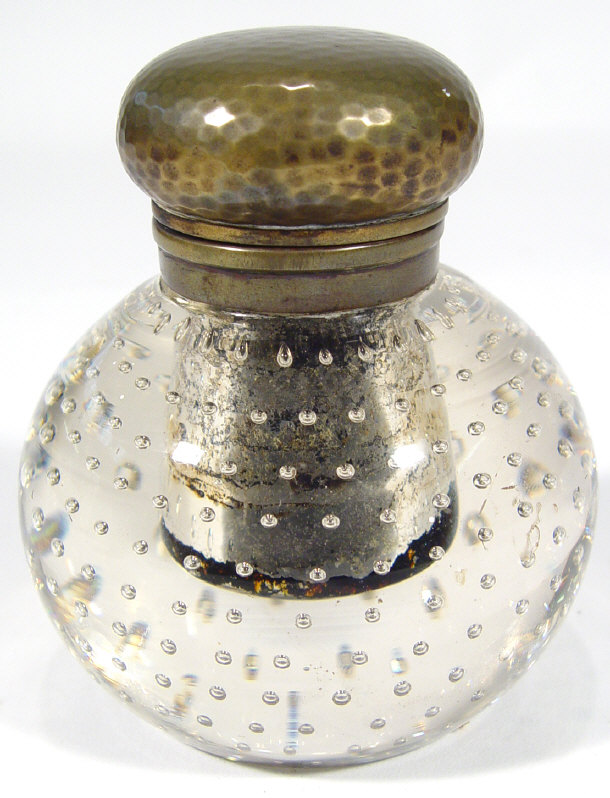 Appraisal: Globular art deco bubbled glass inkwell with hammered brass lid