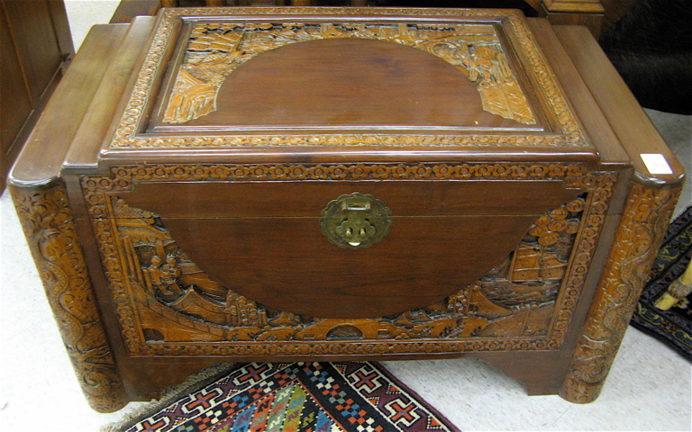 Appraisal: CARVED TEAKWOOD AND CAMPHOR-LINED BLANKET CHEST Chinese th century The