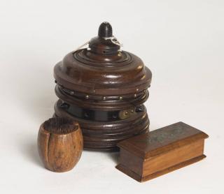 Appraisal: Asst Wood Items Rosewood Brass and Bone Puzzle Stamp Box