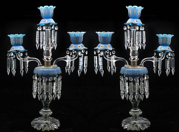 Appraisal: A pair of glass three light candelabra with luster drops