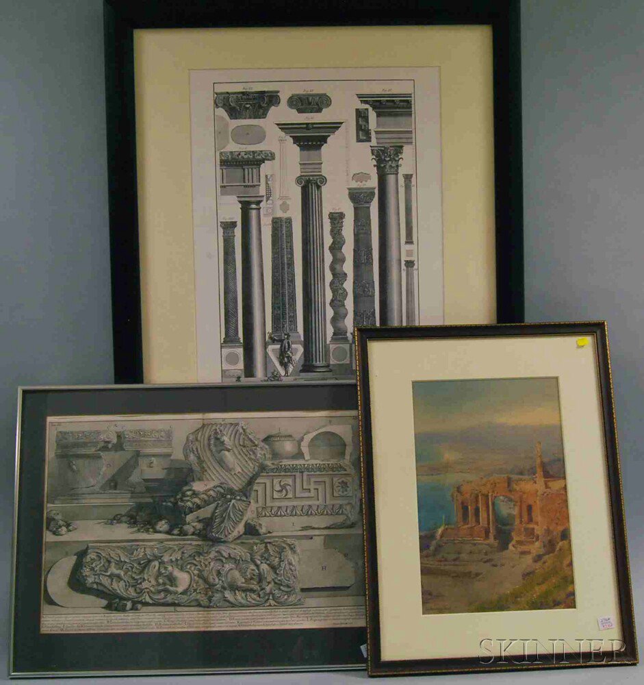 Appraisal: Three Classical-style Framed Works a reproduction print of column styles