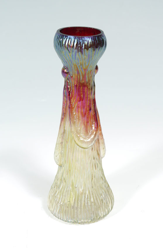 Appraisal: RINDSKOPF PEPITA ART GLASS VASE Textured iridescent body with formed