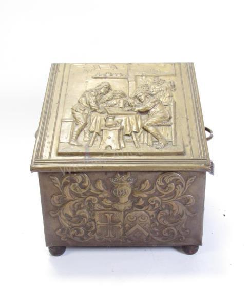 Appraisal: Brass and Wood Tinderbox brass clad slanted and hinged lid