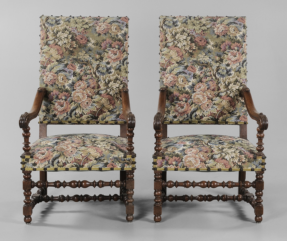 Appraisal: Pair Flemish Style Carved Oak Open- Arm Chairs late th