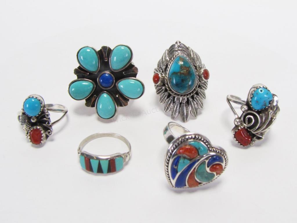 Appraisal: Six rings each with turquoise and coral stones including three