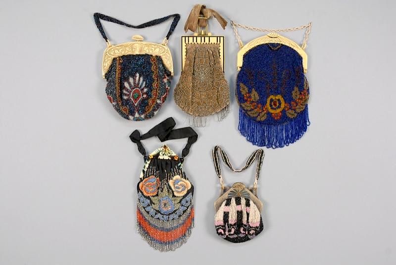 Appraisal: FIVE BEADED BAGS with INTERESTING CELLULOID FRAMES EARLY th C