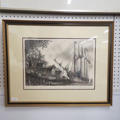 Appraisal: Etching of Sailing Ship pencil signed image area x nicely