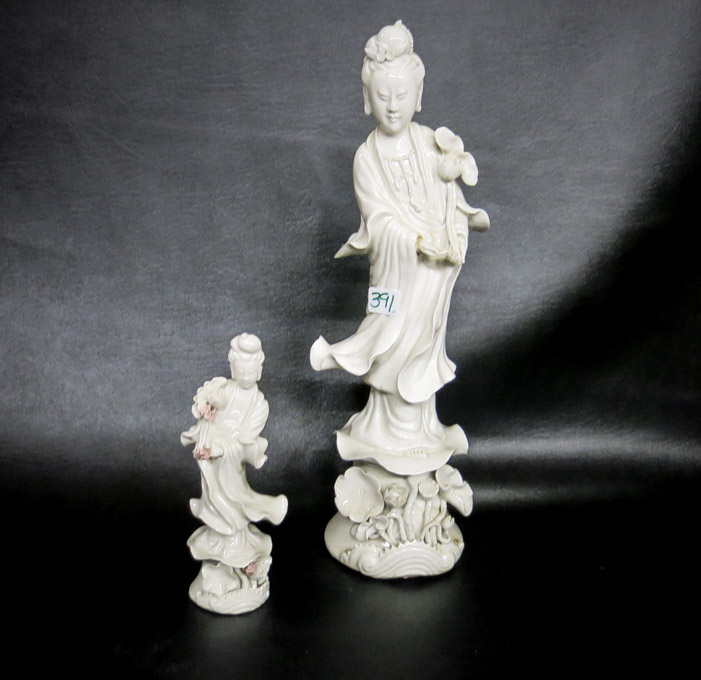 Appraisal: TWO CHINESE BLANC DE CHINE PORCELAIN GUANYIN FIGURINES each Guanyin