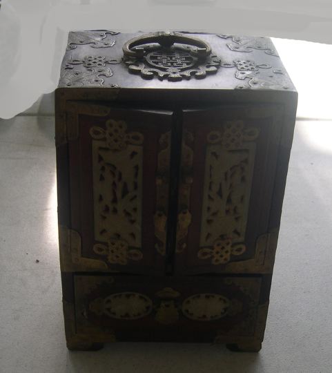 Appraisal: Chinese Export Pierced Brass and White Jade-Mounted Mahogany Jewel Chest