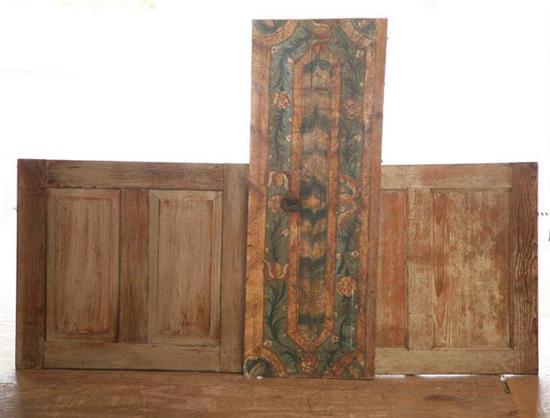 Appraisal: THREE DECORATED PANELS Includes a pair of raised-panel shutters American