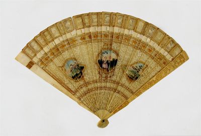 Appraisal: A Chinese ivory bris fan painted with three panels one