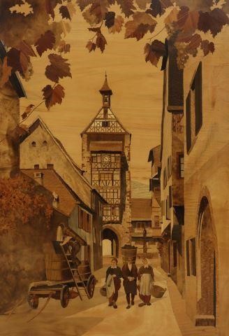 Appraisal: Framed marquetry wall panel depicting French commune Riquewihr signed Spindler