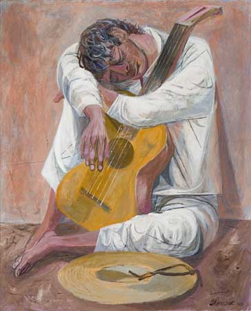 Appraisal: ANTON REFREGIER Seated Man with a Guitar Oil on canvas