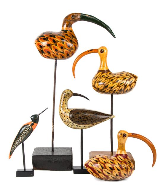 Appraisal: Sale Lot Five Painted Wood Figures of Birds Height of