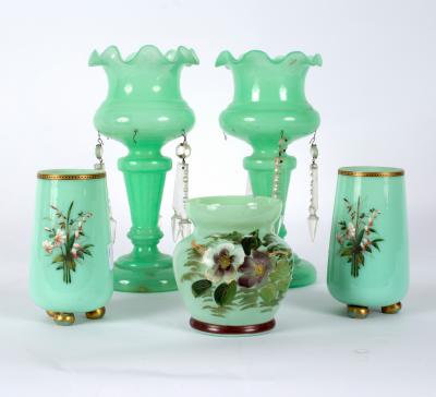 Appraisal: A pair of Victorian opaque green glass vases each decorated