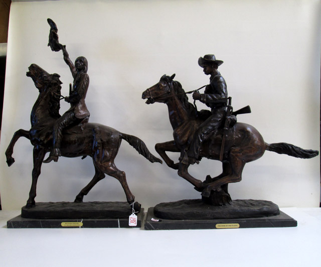 Appraisal: TWO WESTERN BRONZE SCULPTURES after Frederic Sackrider Remington American -