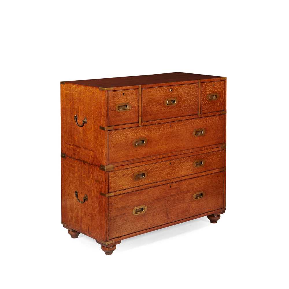 Appraisal: OAK AND BRASS MOUNTED CAMPAIGN SECRETAIRE CHEST OF DRAWERS MID