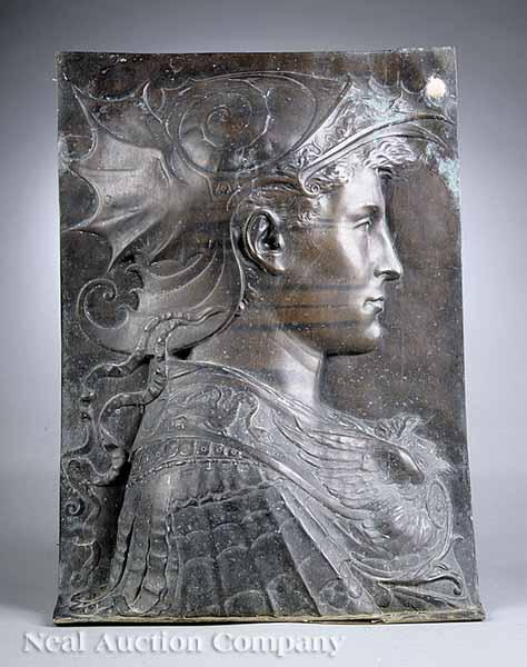 Appraisal: An Antique Continental Patinated Bronze Plaque of a Roman Soldier